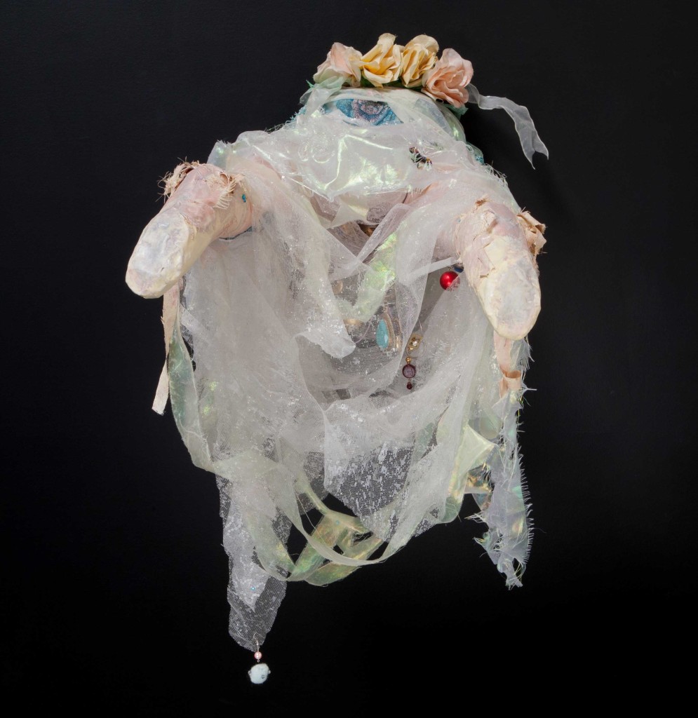 Down The Rabbit Hole (rear view) assemblage by Leslie Ann McQuaide 2014, Assemblage with papier mache, shroud, shredded fabric, vintage jewelry and found objects 30 x 20 x 32 inches 2014